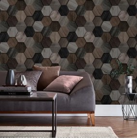 Decomode Hexagon Nem szőtt tapéta Szürke Fa 10,05 m × 52 cm