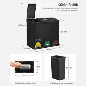 SORT szelektív hulladékgyűjtő, 24l (3x8l), fekete SongmicsHome