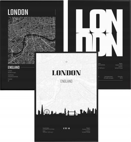 Poszter szett London England Térkép Fekete-fehér Képek Nappaliba 61x91