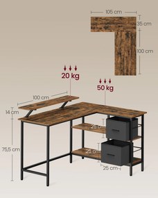 L-alakú íróasztal 2 tágas fiókkal, állítható tárolópolccal, 105x135x89,5 cm, rusztikus barna