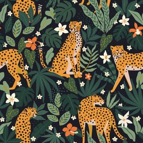 Fotográfia Leopards, flowers, and tropical leaves on, Angelina Bambina