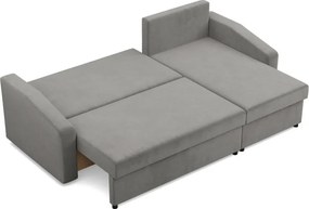 Zeus sarokkanapé, 2 ágyneműtartóval, döntött kartámasz, bársony, univerzális oldal, bonell töltet, világosszürke