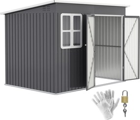 Outsunny Fém Szerszámtároló 4,13 m², 260 x 177 x 190 cm Ablakos Tetős, Zárható Ajtós, Időjárásálló Kertiház Kültéri Kert Szerszámtároló Szekrény Hátsó
