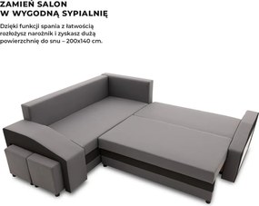 Grande sarokkanapé polcokkal és puffokkal , polc a jobb karfaban puffok a bal karfaban, baloldali, szövet anyag, hab töltet, szürke - fekete