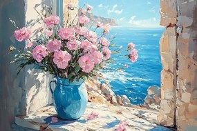 Vászonkép Canvas Olaj Ablak Kilátás Tenger Dél Virágok Váza 120x80