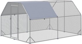 PawHut Keltető Tyúkól Szabad Tér Kert, 280 x 380 x 195 cm Tyúk Mandula Ajtóval, Esővédő Napernyővel, Baromfi Tyúkól 10-12 Tyúknak, Oxford, Ezüst | Aos