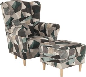 Füles fotel puffal, szövet barna-zöld minta, ASTRID