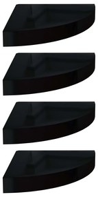 4 db magasfényű fekete MDF lebegő sarokpolc 25 x 25 x 3,8 cm