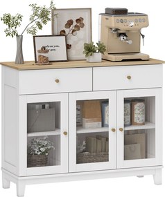 HOMCOM Oldalszekrény 3 Bordás Üvegezett Ajtóval Modern Oldalszekrény 2 Fiókkal és Állítható Polcokkal Étkezőhöz Előszoba Fehér 100x35x80,3 cm | Aosom