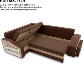 Grande sarokkanapé polcokkal és puffokkal , polc a bal karfaban puffok a jobb karfaban, baloldali, szövet anyag, hab töltet, barna