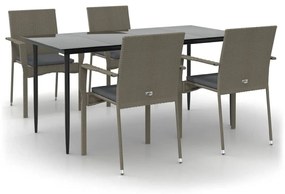 vidaXL 5 részes fekete és szürke polyrattan kerti étkezőszett párnával