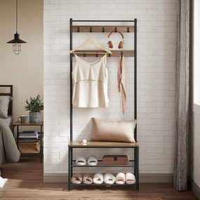 Kabáttartó állvány, cipőtartó, magasság 175 cm, rusztikus dió és fekete