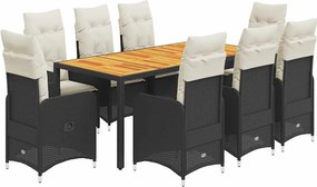 vidaXL 9 részes fekete polyrattan kerti bisztrógarnitúra párnákkal