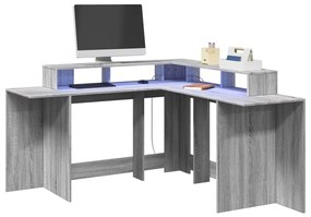 szürke sonoma színű szerelt fa LED-es íróasztal 152x152x91 cm