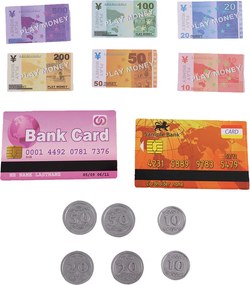 Játék bolti pénztárgép tele bevásárlókocsival, 32 db-os