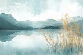 Vászonkép Canvas Tájkép Hegyek Tó Nád Köd 60x40