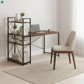 Íróasztal 120x60 cm, 3 polcos, sötét diófa, loft stílus