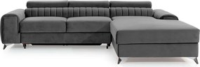 Sötétszürke bársony kinyitható-tárolóhelyes sarokkanapé (jobb oldali-heverő résszel) Grayson – ELTAP