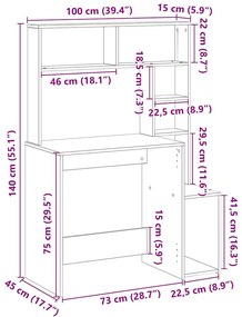 vidaXL antik fa színű szerelt fa íróasztal polcokkal 100x45x140 cm