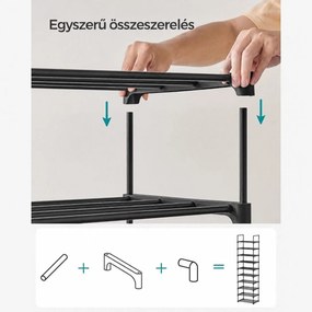 10 szintes keskeny cipőtartó, moduláris fém cipőtároló akár 20 pár cipőhöz, 45 x 30 x 174 cm, fekete