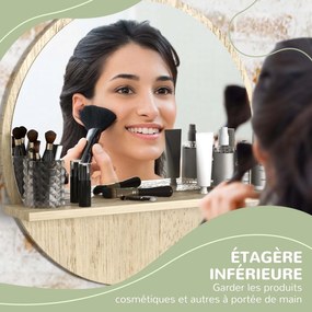 Kleankin Kerek Fali Tükör Fürdőszobai Tárolópolccal - Ø 45 x 10H cm - Természetes Fa Hatás | Aosom