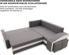 Grande sarokkanapé polcokkal és puffokkal , polc a bal karfaban puffok a jobb karfaban, jobboldali, szövet anyag, hab töltet, szürke - fehér