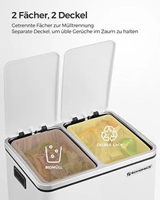 Konyhai szemetes, 2 x 15 literes acél szemetes, lépcsős szemetes belső vödrökkel és fogantyúkkal, puha záródással, szagszigeteléssel, fehér