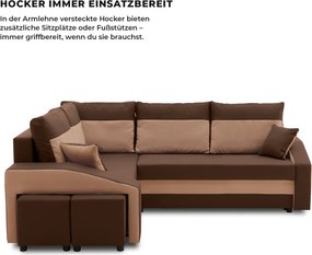 Grande sarokkanapé polcokkal és puffokkal , polc a jobb karfaban puffok a bal karfaban, baloldali, szövet anyag, hab töltet, barna