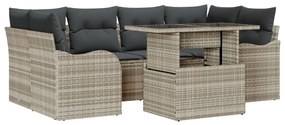 7 darabos kerti kanapé párnákkal, világosszürke poli rattan, 2-személyes kerti kanapé párnákkal, világosszürke poli rattan