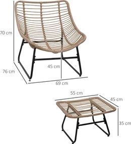 Outsunny Kerti Kárpitozott Karosszék Epoxi Fém Váz és Rattan Lábpihentető Plüss Párnákkal - Természetes | Aosom