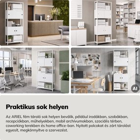 Iratrendező polc zárható szekrénnyel, irodai, nyitott polcok, fém fehér, 800x2200x400 mm: ARIEL