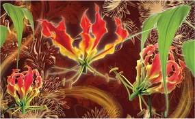 Fotótapéta Piros virágok zölddel és arannyal 254x184 vinil +ragasztó