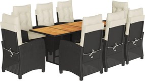 vidaXL 9 részes fekete polyrattan kerti étkezőgarnitúra párnákkal