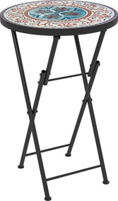 Outsunny Összecsukható Oldaltábla Kerti Asztal Mozaik Mintával, Ø35.5 x 55 cm Kerek Időjárásálló Fém Erkély Asztal, Kemping Asztal, Összecsukható Kávé