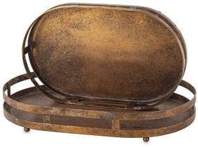 Ovális fogantyús koptatott bronz színű 2db-os fém tálca szett 6x40x26/6x35x22cm