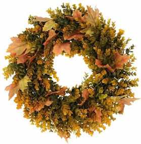 Művirág koszorú eukaliptuszból, átmérő 50 cm,narancssárga-zöld