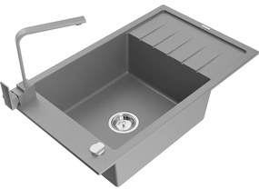 Mexen Elias, gránit mosogató gránit 795x480x200 mm, 1 kamrás, szürke króm szifonnal és szürke Rita mosogató csaptelep, 6511-71-670300-71