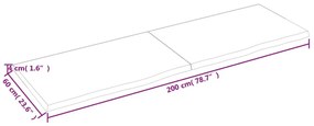 kezeletlen tömör tölgyfa fali polc 200x60x(2-4) cm