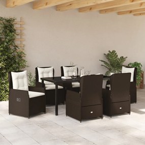 7 darabos kerti étkező garnitúra barna polirattan, kerti asztal fekete 160x80x73 cm edzett üveggel