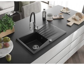 Mexen Cesar, 1 kamrás gránit mosogató 775x470x190 mm és Aster mosogató csaptelep, fekete, 6514-77-73450-07
