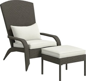 Outsunny Kerti Szék lábtartóval, Karfával és Párnákkal, Rattan és Acél Adirondack Szék, 64x82x89 cm, Szürke és Krémfehér | Aosom
