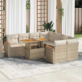 9 részes bézs polyrattan akácfa kerti ülőgarnitúra párnákkal