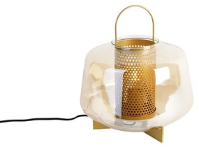 Art Deco asztali lámpa arany színben borostyán üveggel 30 cm - Kevin