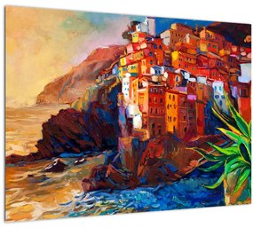 Kép - Falu Cinque Terre partján, az olasz riviérán, modern impresszionizmus (üvegen) (70x50 cm)