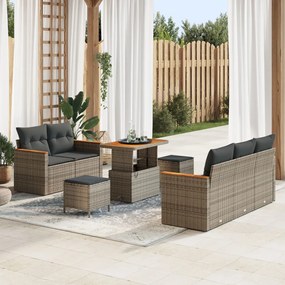 8 részes kerti kanapé szett párnákkal, szürke poli rattan akáccal, 3 részes kerti étkező szett párnákkal, szürke poli rattan akáccal