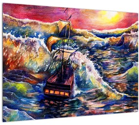 Kép - Hajó az óceán hullámain, aquarel (üvegen) (70x50 cm)