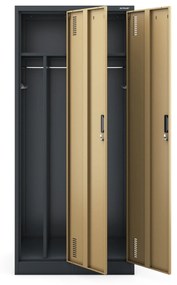 Pléh öltözőszekrény talpazaton, kétmodulos, polccal és köztes fallal KACPER, 800 x 1800 x 500 mm, Eco Design: antracit/ dió