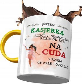 Sárga Bögre A Pénztárosnak Várni kell Egy Pillanatot Nyomtatott Fotóval