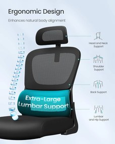 Irodai szék, ergonomikus hálós íróasztalszék, fekete
