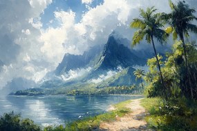 Vászonkép Canvas Tájkép Hawaii Hegyek Csúcsok Óceán Tengerpart Pálmafák 60x40